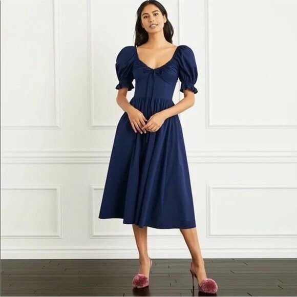 Quince Dresses & Skirts - NWT Quince 100% Organic Cotton Puff Sleeve Midi Dress Navy Medium